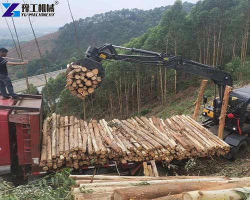 excavator log grapple loading log truck